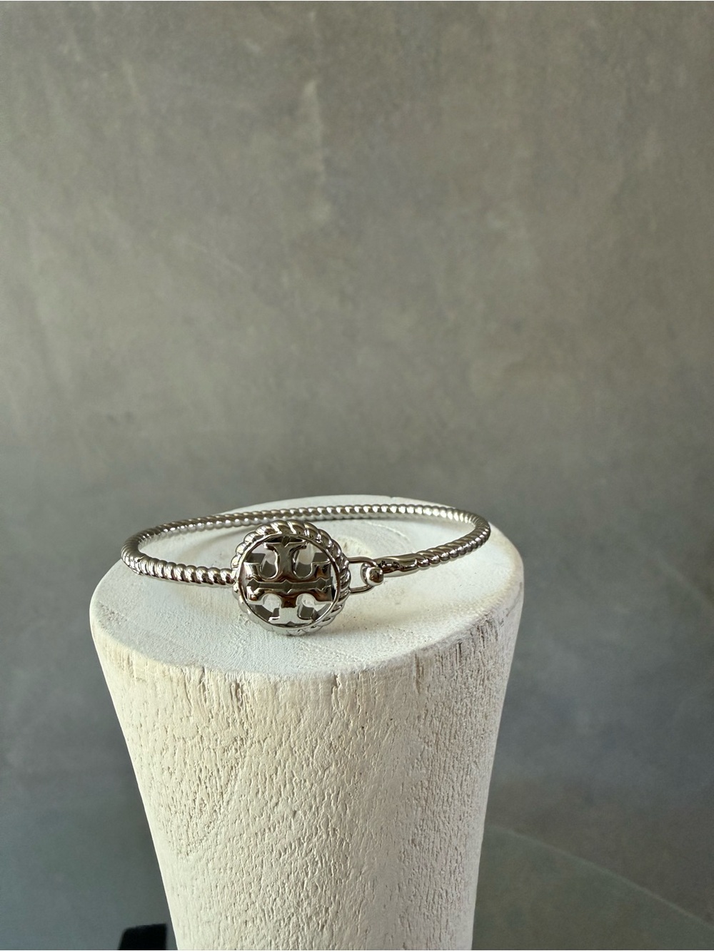 Tory Burch Silver Tone Logo Disc Bangle Bracelet